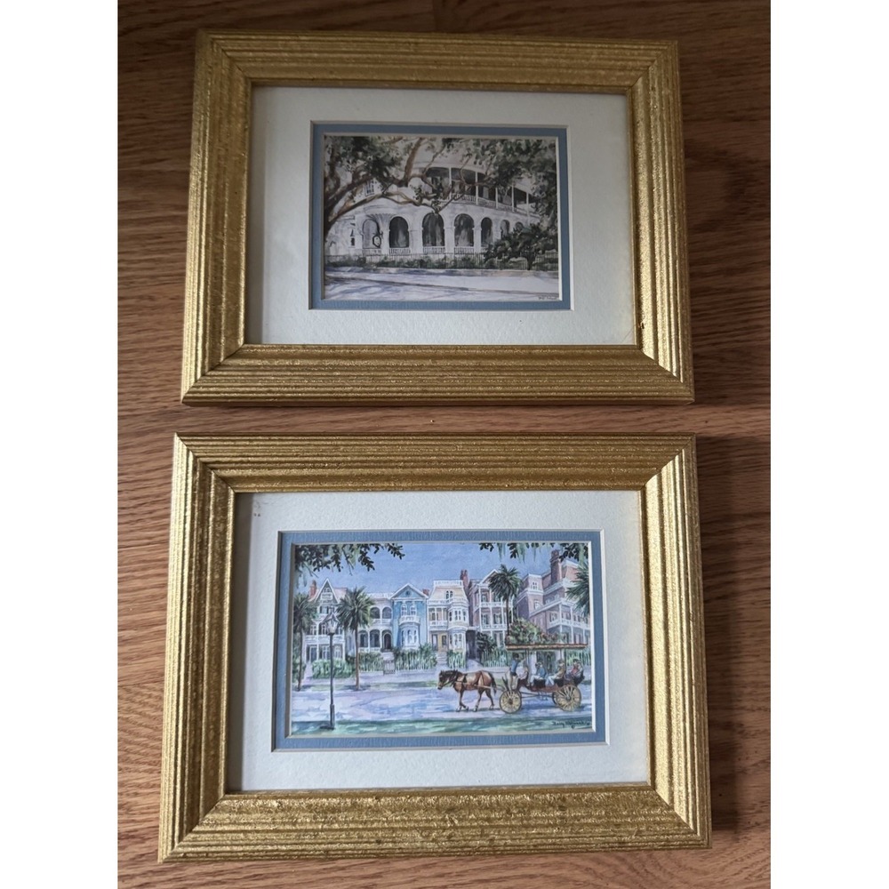 Betty Schwark Signed Charleston SC Art Prints Pair w/ Display Stands VTG 1987